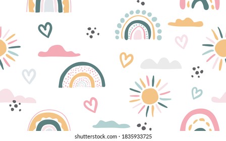 Seamless Vector Pattern With Hand Drawn Rainbows And Sun Trendy Baby Texture For Fabric Textile Wallpaper Apparel Wrapping