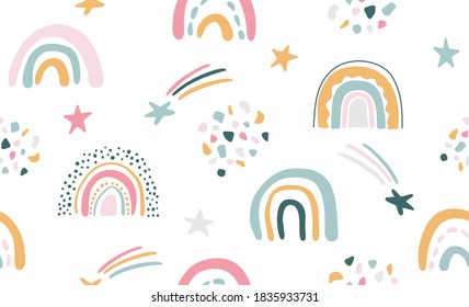 Seamless vector pattern with hand drawn rainbows and sun Trendy baby texture for fabric textile wallpaper apparel wrapping