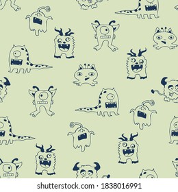 Seamless vector pattern with hand drawn monsters on blue background. Simple fun wallpaper design for children. Cute creature fashion textile.