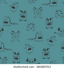 Seamless vector pattern with hand drawn monsters on blue background. Cartoon alien wallpaper design for children. Funny fashion textile.