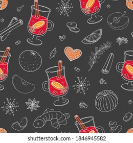 Seamless vector pattern with hand drawn mulled wine traditional hot winter drink, spices and fruits. Cute Christmas background for banner, advertising, holiday poster, package, wrapping paper, print.