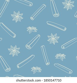 Seamless vector pattern with hand drawn cinnamon stick and star anise. White line object on blue background. Cute texture for holiday ad design, print, wrapping paper, packaging, gift, print, fabric.