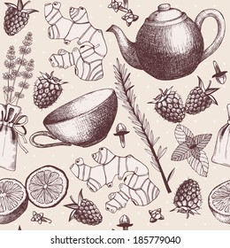 Seamless vector pattern with hand drawn tea times elements, berries and herbs. Decorative vintage background