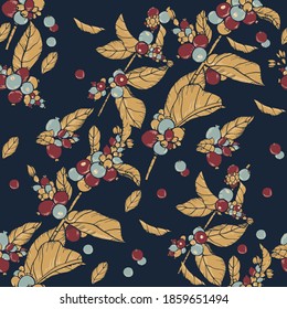 Seamless vector pattern with hand drawn branches with red, golden, and light blue berries and golden leaves on dark blue background. Beautiful floral texture.