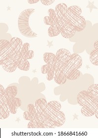 Seamless Vector Pattern with Hand Drawn Clouds and New Moon Isoleted on a Beige Background. Cute Cloudy Night Print. Doodle Sky. Funny Irregular Nursery Pattern with Fluffy Clouds and Moon. 
