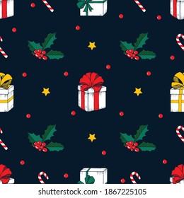 Seamless vector pattern with hand drawn presents and Christmas decor on dark blue background. Beautiful festive texture for packaging, wrapping paper, and fabrics.