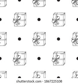 Seamless vector pattern with hand drawn outlined presents and little black dots on white background. Beautiful festive texture for packaging, wrapping paper, and fabrics.
