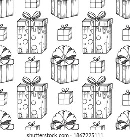 Seamless vector pattern with hand drawn outlined presents on white background. Beautiful festive texture for packaging, wrapping paper, and fabrics.