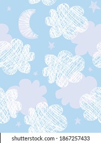 Seamless Vector Pattern with Hand Drawn Clouds and New Moon Isoleted on a Blue Background. Cute Cloudy Night Print. Doodle Sky. Funny Irregular Nursery Pattern with Fluffy Clouds and Moon.