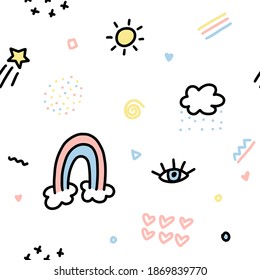 Seamless vector pattern. Hand drawn doodle rainbow heart sun cloud, cute trendy texture design, fabric textile, wrapping.