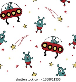 Seamless vector pattern with hand drawn aliens on white background. Simple cartoon spaceship wallpaper design for children. Decorative UFO fashion textile.
