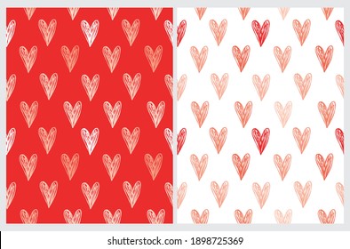 Seamless Vector Pattern with Hand Drawn Irreagular Hearts Isolated on a White and Red Background. Romantic Print ideal for Valentine's Day Decoration. Love Symbol. Doodle Design.