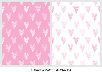 Seamless Vector Pattern with Hand Drawn Irreagular Hearts Isolated on a White and Light Pink Background. Romantic Print ideal for Valentine's Day Decoration. Love Symbol. Doodle Design.