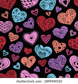 Seamless vector pattern from hand drawn doodle hearts. Can be printed and used as wrapping paper, wallpaper, textile, fabric, etc. Design for birthday, wedding, Valentine's Day, mother's day.