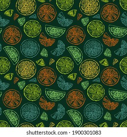Seamless vector pattern with hand drawn colorful citrus fruit with slices on a dark background. Endless illustrations for vegetarian or organic menu, wrapping, invitation or flyers
