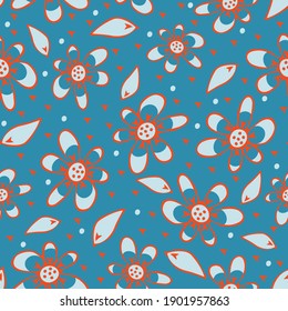 Seamless vector pattern with hand drawn flowers on bright blue background. Retro outlined floral wallpaper design. Daisy meadow fashion textile.