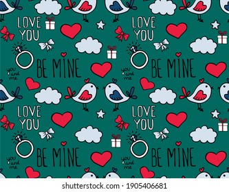 
Seamless vector pattern with hand drawn love birds, hearts, bows, stars and be mine lettering.  Holiday background for Valentine's day or wedding