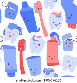 Seamless vector pattern with hand drawn cute teeth and objects for dental care. Funny cartoon characters toothpaste, toothbrush and dental floss. Decorative illustration for dental design.