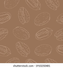 Seamless vector pattern of hand drawn line pecan nuts on brown background. Design for nut chocolate, bakery and nut products packaging