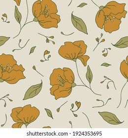 Seamless vector pattern with hand drawn flowers on off white background. Simple romantic floral wallpaper design. Botanical fashion textile.