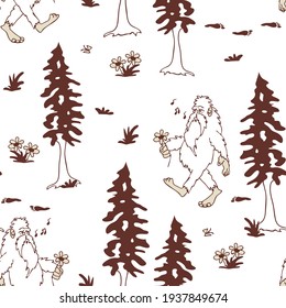 Seamless vector pattern with hand drawn Bigfoot on white background. Simple mystical forest wallpaper design. Legendary creature fashion textile.