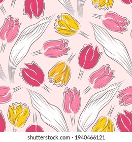 Seamless vector pattern with hand drawn tulips. Vector illustration.