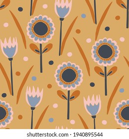 Seamless vector pattern with hand drawn flowers on beige background. Modern summer floral wallpaper design. Simple decorative fashion textile.