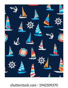 Seamless vector pattern with hand drawn sailing yachts. Summer bright background for fabric design.