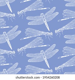 Seamless vector pattern with hand drawn dragonflies