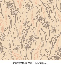 Seamless vector pattern with hand drawn grass texture on light pink background. Gentle flower meadow wallpaper design. Romantic floral fashion textile.
