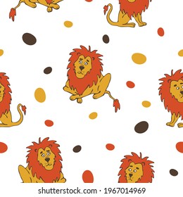 Seamless vector pattern with hand drawn lion on white background. Simple fun animal wallpaper design for children. Decorative cartoon fashion textile.
