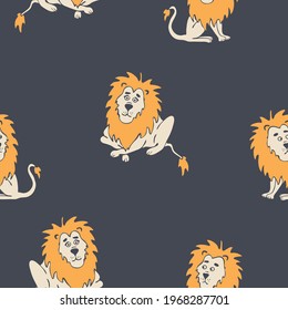Seamless vector pattern with hand drawn lion on blue background. Simple animal wallpaper design for children. Cute safari fashion textile.