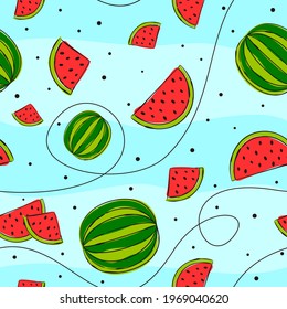 Seamless vector pattern with hand drawn watermelons. Bright green and red slices of watermelons on a turquoise background. Trendy juicy illustration. Summer mood