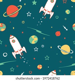 Seamless vector pattern with hand drawn spaceship and planets on green background. Fun cartoon space wallpaper design for children. Simple galaxy fashion textile.