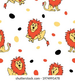 Seamless vector pattern with hand drawn lion on white background. Simple cute animal wallpaper design for children. Decorative zoo fashion textile.