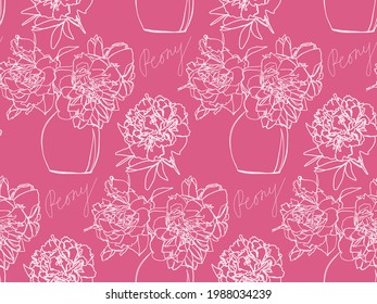 Seamless vector pattern with hand drawn peony bouquets in line art style on pink background