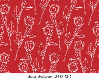 Seamless vector pattern with hand drawn long-stemmed roses in line art style on a red background