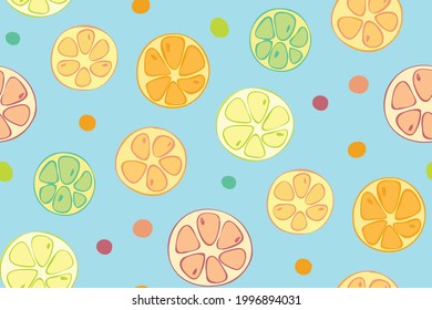 Seamless vector pattern with hand drawn citrus friuts on blue background