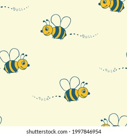 Seamless vector pattern with hand drawn bees on yellow background. Simple happy bumblebee wallpaper design for children. Decorative summer fashion textile.