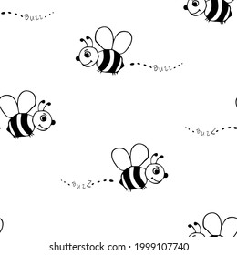 Seamless vector pattern with hand drawn bees on white background. Simple bumblebee sketch wallpaper design. Decorative happy flying bug fashion textile.