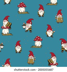 Seamless vector pattern with hand drawn gnomes on blue background. Simple cheerful elf wallpaper design. Decorative festive fashion textile.