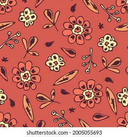 Seamless vector pattern with hand drawn flowers on red background. Beautiful vintage floral wallpaper design. Decorative romantic fashion textile.