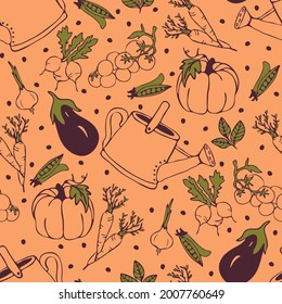 Seamless vector pattern with hand drawn vegetables on yellow background. Simple summer garden sketch wallpaper design. Decorative life style fashion textile.