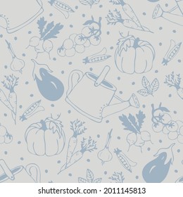 Seamless vector pattern with hand drawn vegetables on grey background. Simple summer garden wallpaper design. Decorative food sketch fashion textile.