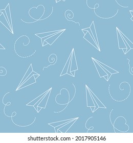 Seamless vector pattern with hand drawn paper planes. Cute origami airplanes with fly trails. Line objects. Fun background for kids fashion, gift, package, wrapping paper, wallpaper, fabric, textile