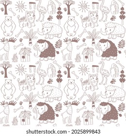 Seamless vector pattern with hand drawn outline prehistoric theme illustrations with animals and plants