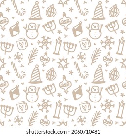 Seamless vector pattern with hand drawn christmas cute illustrations such as snowflakes, berries, candles, cup of tea, candy cane, christmas tree decorations, snowman. Good for gift wrapping paper. 
