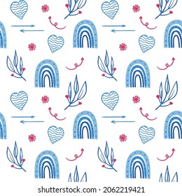 Seamless vector pattern with hand drawn rainbows and heart, arrows. Trendy baby texture for fabric textile wallpaper apparel wrapping. In cold colors