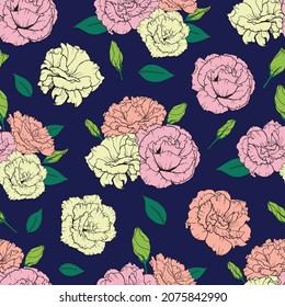 Seamless vector pattern with hand drawn colorful lisianthus on dark blue background. Beautiful floral texture.