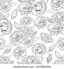 Seamless vector pattern with hand drawn outlined lisianthus on white background. Beautiful floral texture.